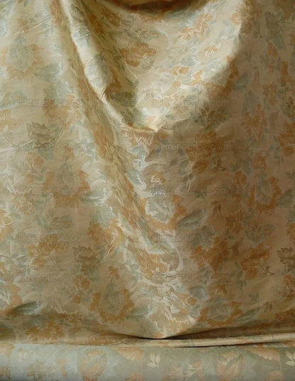 Rm Coco 100% Silk Lampas Autumn Tri-leaf Flower "Aspen" Beige Brown Blue Green MSRP USD199.90/y