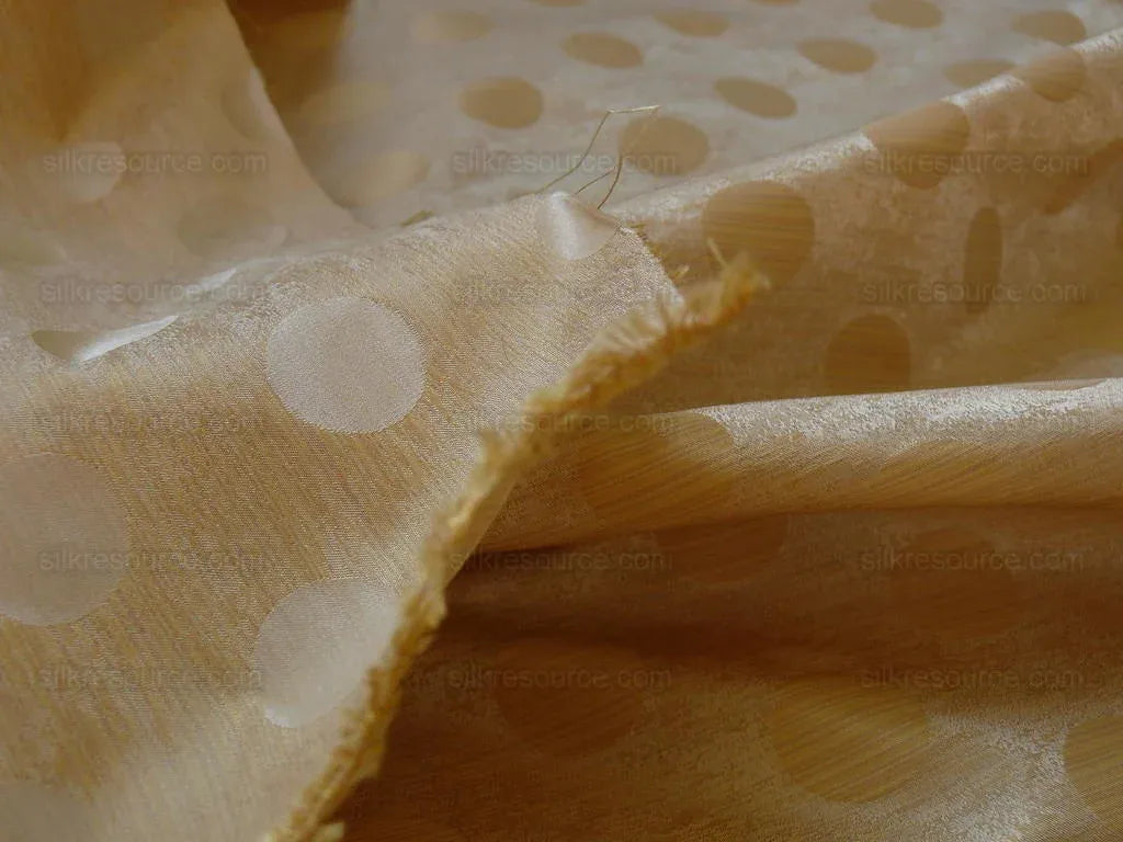 B. Berger Duralee 100% Silk Damask Polka Dot "mazola" Ecru Gold Reversible Strie and Satin Mid-Century MSRP USD 250/Y