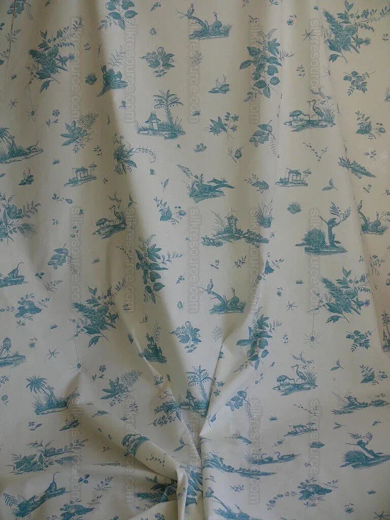 Brunschwig &amp; Fils Chinoisere A L'americaine Toile Aqua Blue White Bird Animal  Flora and Fauna from Mount Vernon Toile de jouy