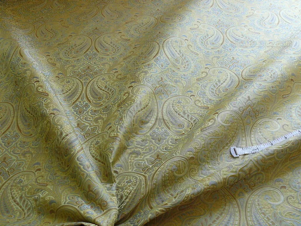 100% Silk Lampas Small Jewelled Paisley "celadon" Blue Brown Beige Gold