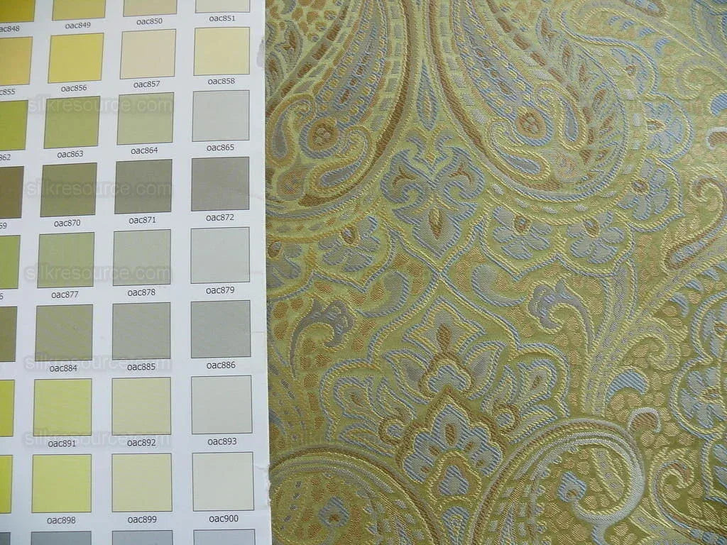 100% Silk Lampas Small Jewelled Paisley "celadon" Blue Brown Beige Gold