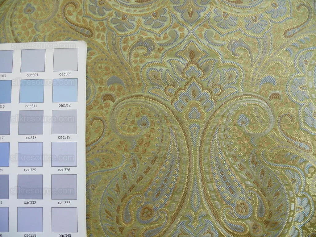 100% Silk Lampas Small Jewelled Paisley "celadon" Blue Brown Beige Gold