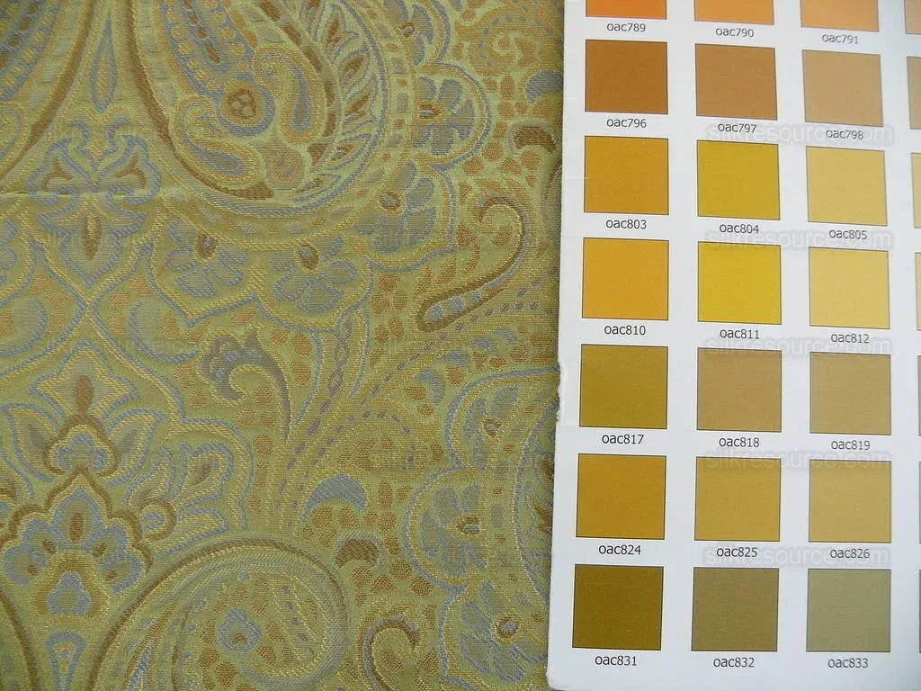 100% Silk Lampas Small Jewelled Paisley "celadon" Blue Brown Beige Gold