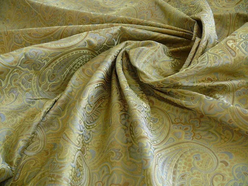 100% Silk Lampas Small Jewelled Paisley "celadon" Blue Brown Beige Gold