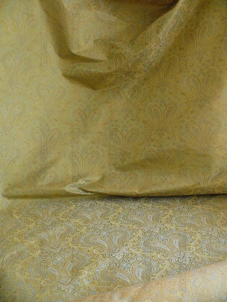 100% Silk Lampas Small Jewelled Paisley "celadon" Blue Brown Beige Gold