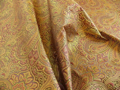 100% Silk Lampas Small Jewelled Paisley "spice" Brown Yellow Green