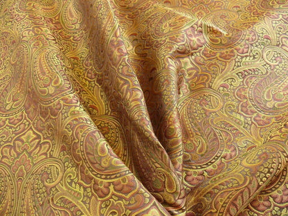100% Silk Lampas Small Jewelled Paisley "spice" Brown Yellow Green
