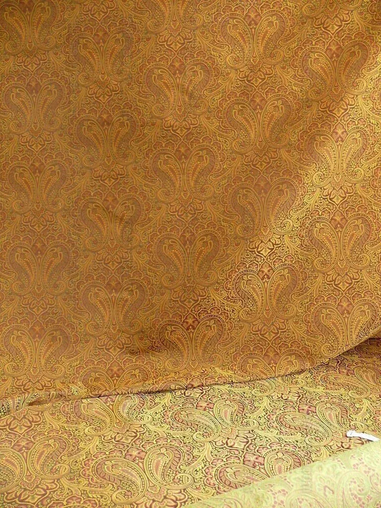 100% Silk Lampas Small Jewelled Paisley "spice" Brown Yellow Green