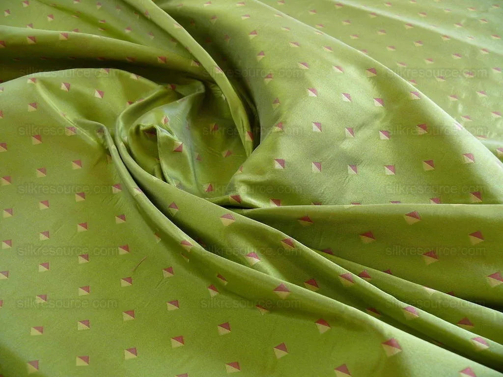 by yard Hi End 100% Silk Lampas Diamond Dot "kiwi" Green Red Magenta Khaki Yellow  Stripe Reversible