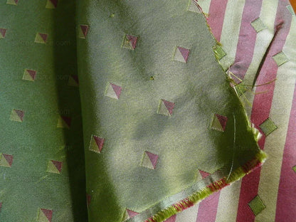 by yard Hi End 100% Silk Lampas Diamond Dot "kiwi" Green Red Magenta Khaki Yellow  Stripe Reversible