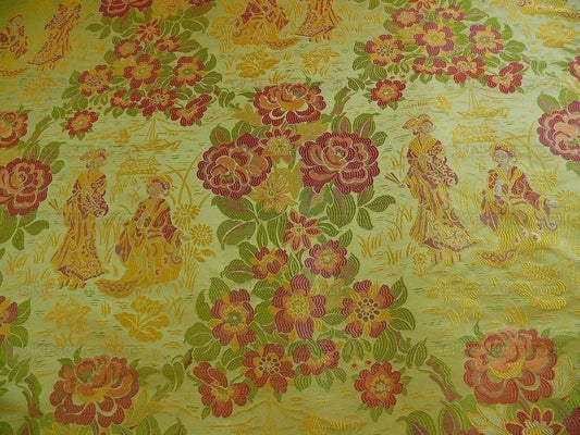 100%silk Lampas Madame Butterfly "flora" Green