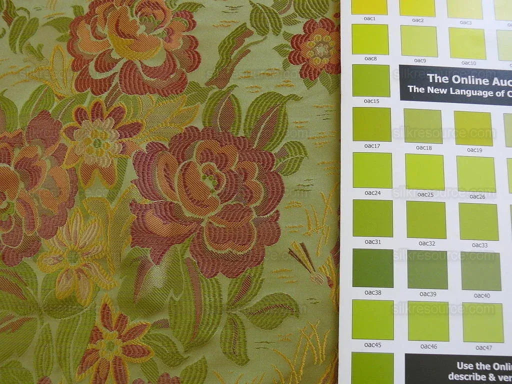 100%silk Lampas Madame Butterfly "flora" Green