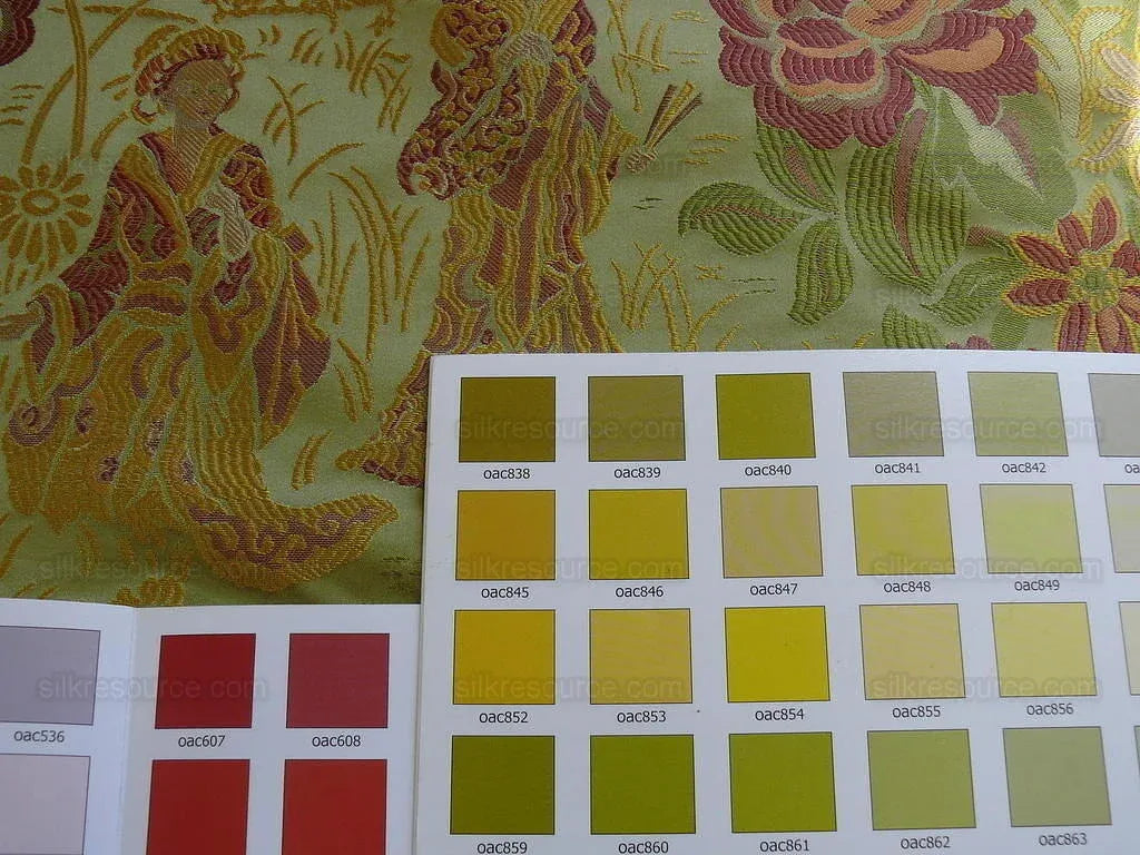 100%silk Lampas Madame Butterfly "flora" Green