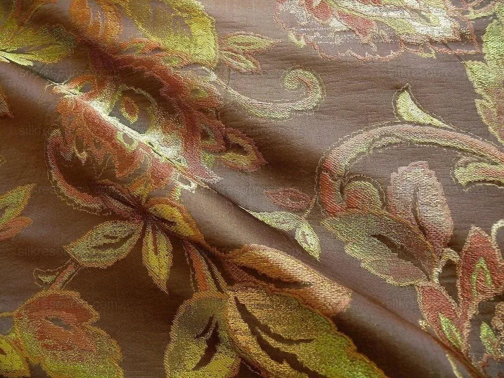Rm Coco 100% Silk Lampas Gilded Paisley "java" Brown Chocolate Gold Green