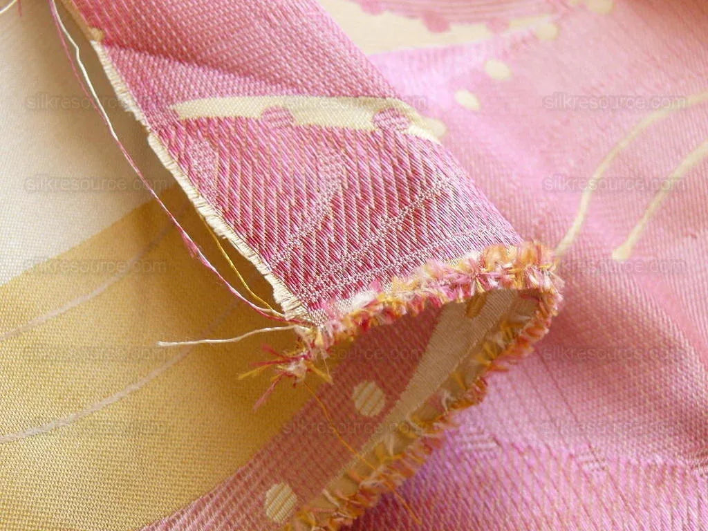 100% Silk Lampas Music Note "tulip" Pink Gold Cream Art Deco