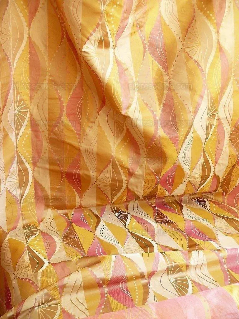 100% Silk Lampas Music Note "tulip" Pink Gold Cream Art Deco