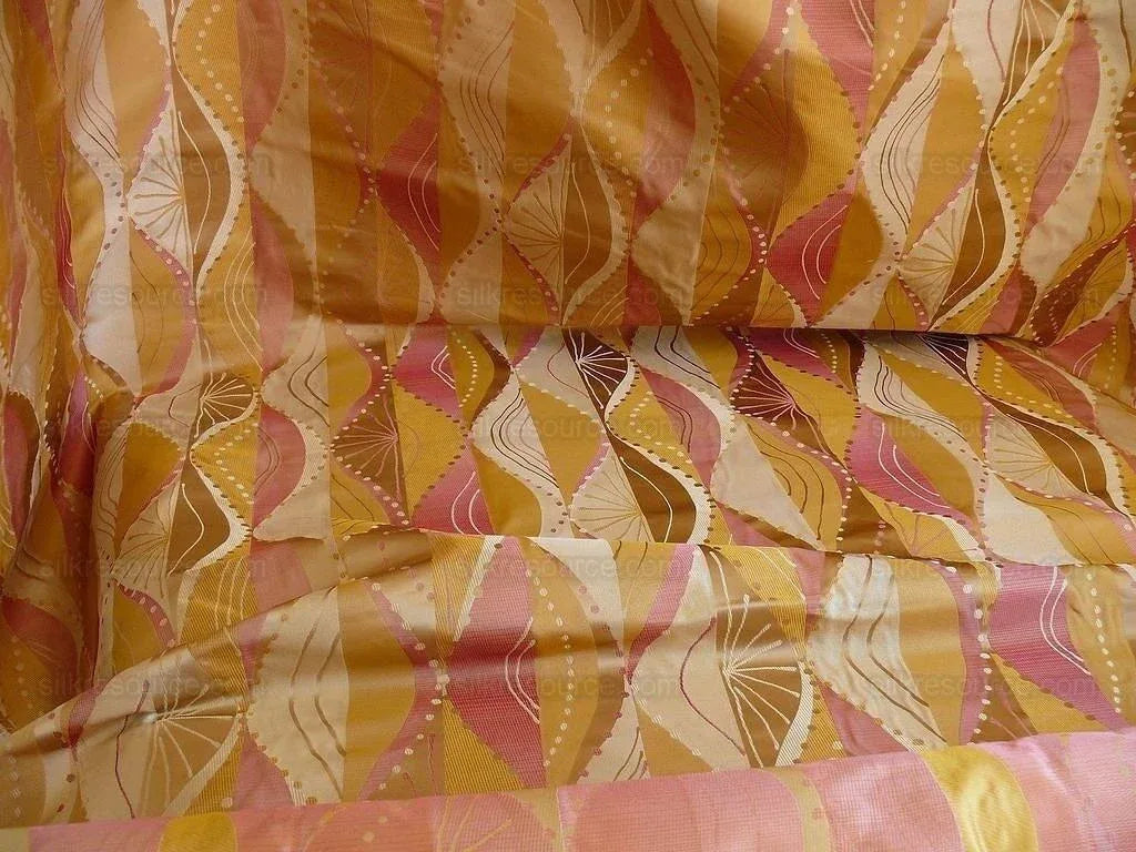 100% Silk Lampas Music Note "tulip" Pink Gold Cream Art Deco