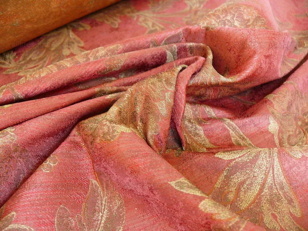 by yard 100% Silk Lampas Large Peony Paisley "pomegranate" Red Gold Bronze