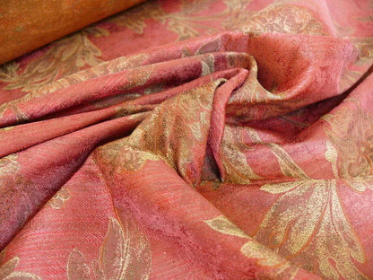 by yard 100% Silk Lampas Large Peony Paisley "pomegranate" Red Gold Bronze