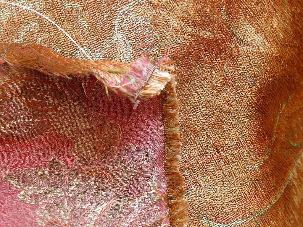 by yard 100% Silk Lampas Large Peony Paisley "pomegranate" Red Gold Bronze