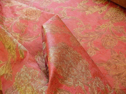 by yard 100% Silk Lampas Large Peony Paisley "pomegranate" Red Gold Bronze
