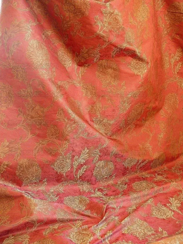 by yard 100% Silk Lampas Large Peony Paisley "pomegranate" Red Gold Bronze