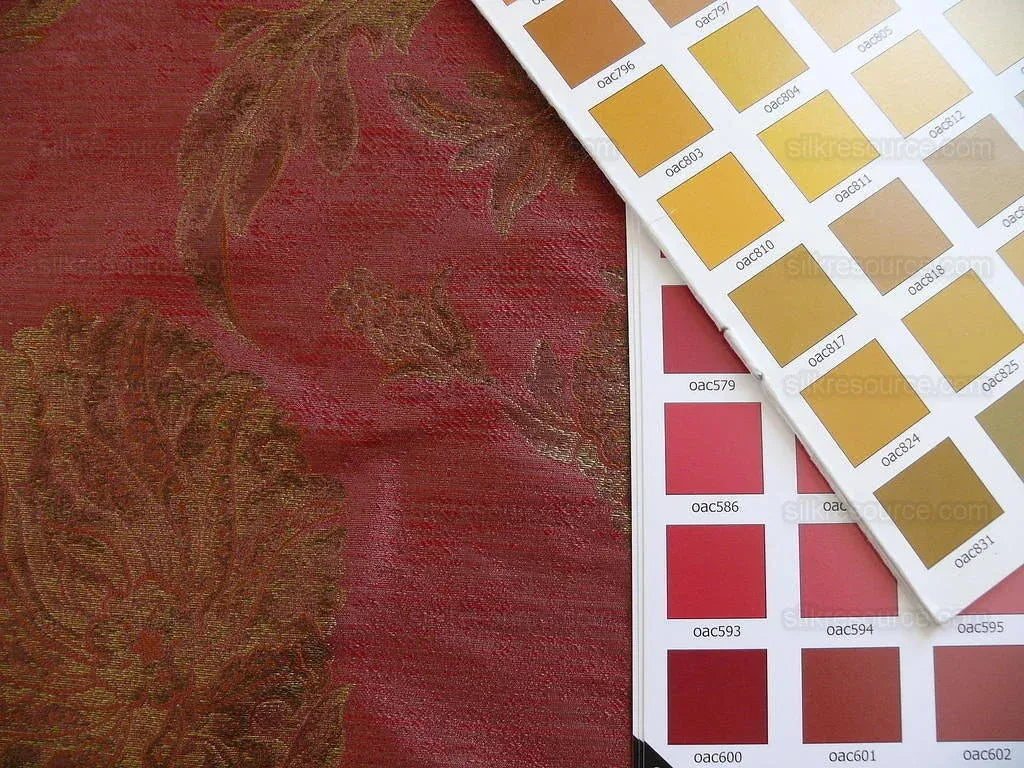 by yard 100% Silk Lampas Large Peony Paisley "pomegranate" Red Gold Bronze