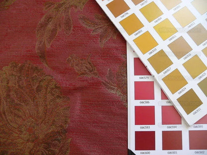 by yard 100% Silk Lampas Large Peony Paisley "pomegranate" Red Gold Bronze