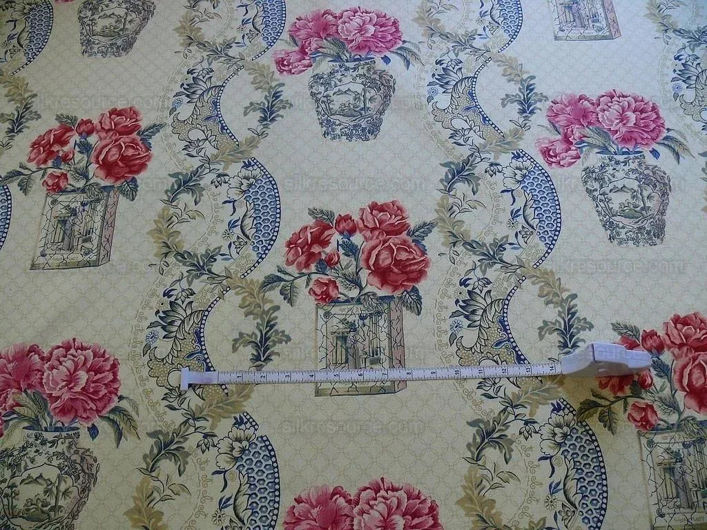 Travers Linen Print Asian Pink Peony Blue Porcelain