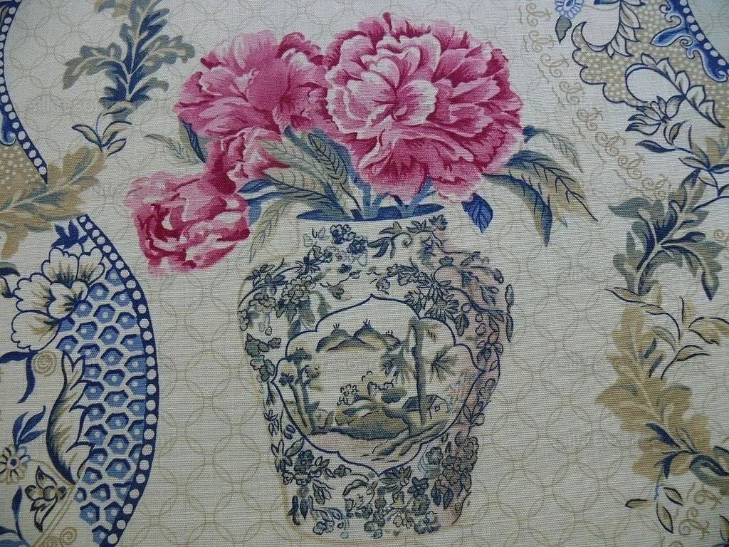 Travers Linen Print Asian Pink Peony Blue Porcelain