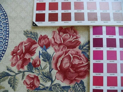 Travers Linen Print Asian Pink Peony Blue Porcelain