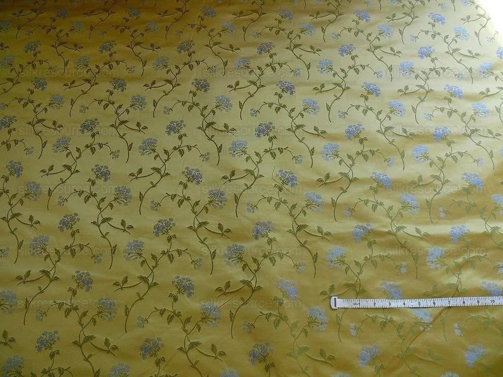 by yard 100% Silk Lampas Sage Blossom Sprig "baltic" Yellow