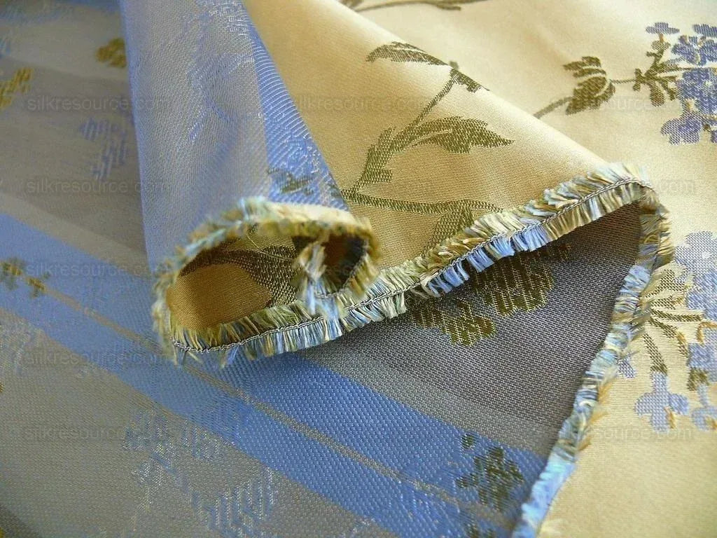 by yard 100% Silk Lampas Sage Blossom Sprig "baltic" Yellow