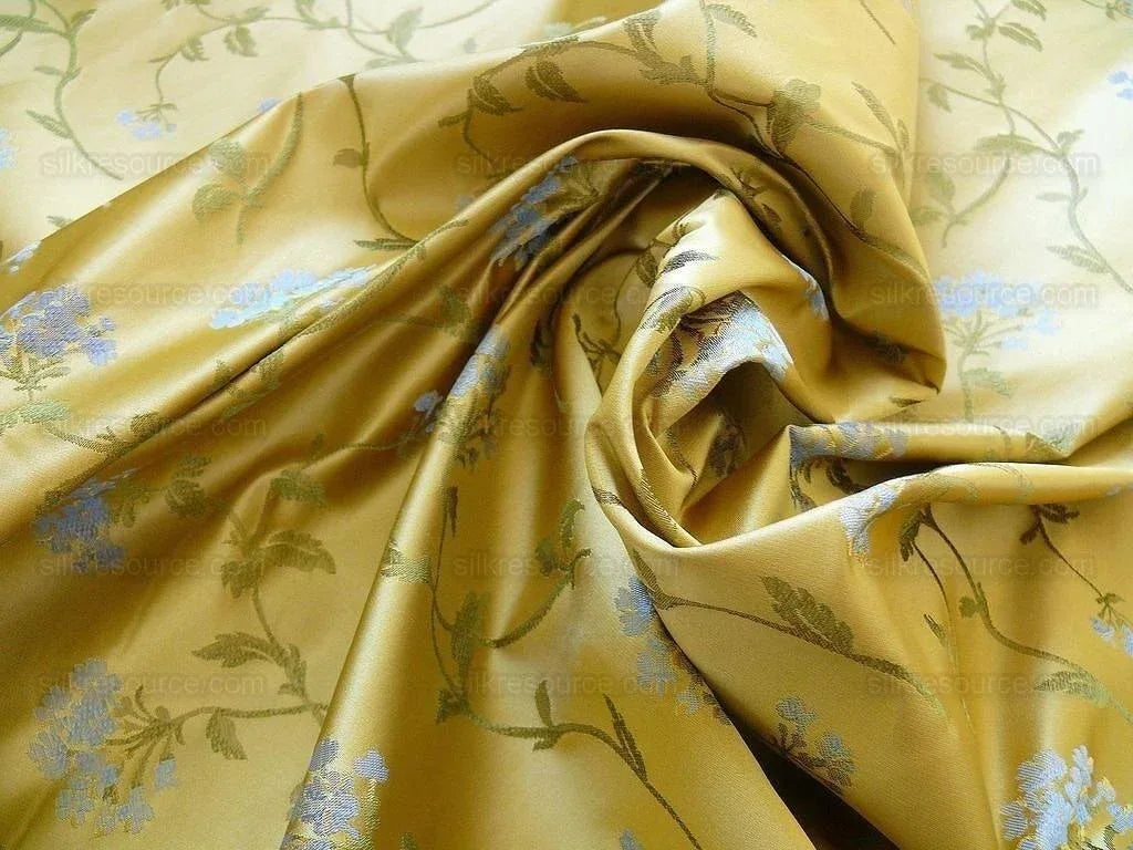 by yard 100% Silk Lampas Sage Blossom Sprig "baltic" Yellow