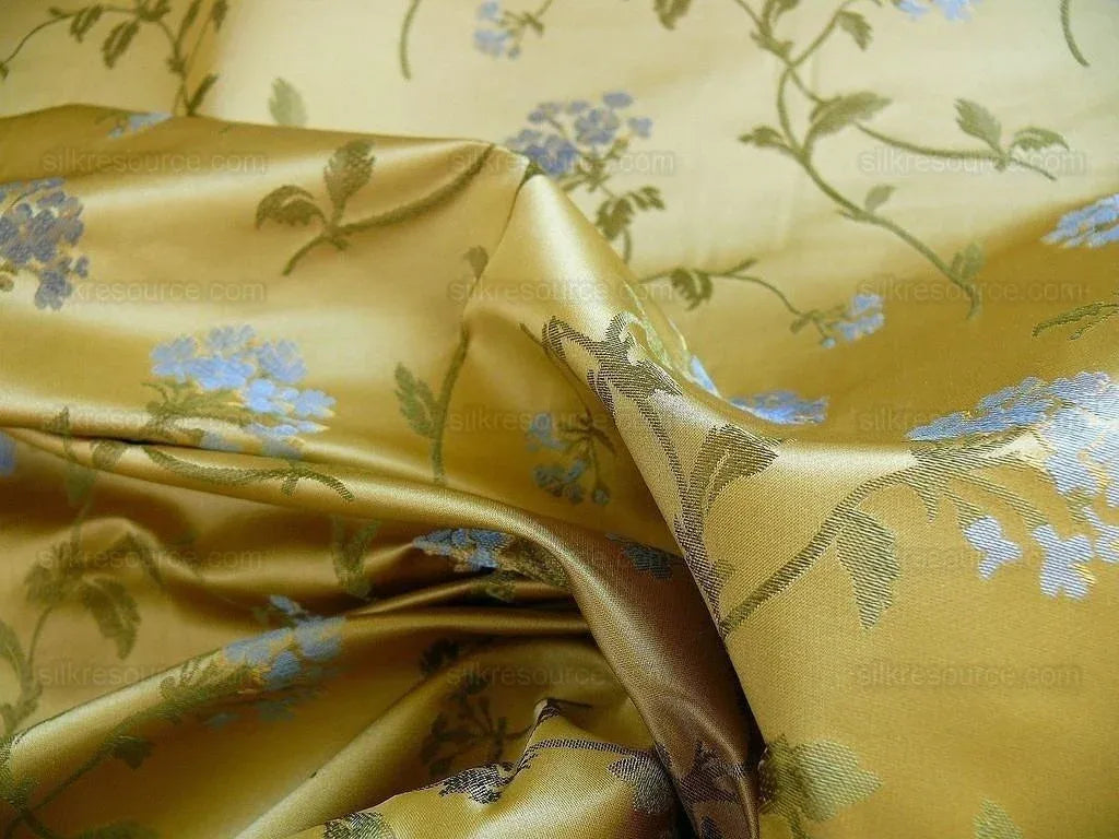 by yard 100% Silk Lampas Sage Blossom Sprig "baltic" Yellow