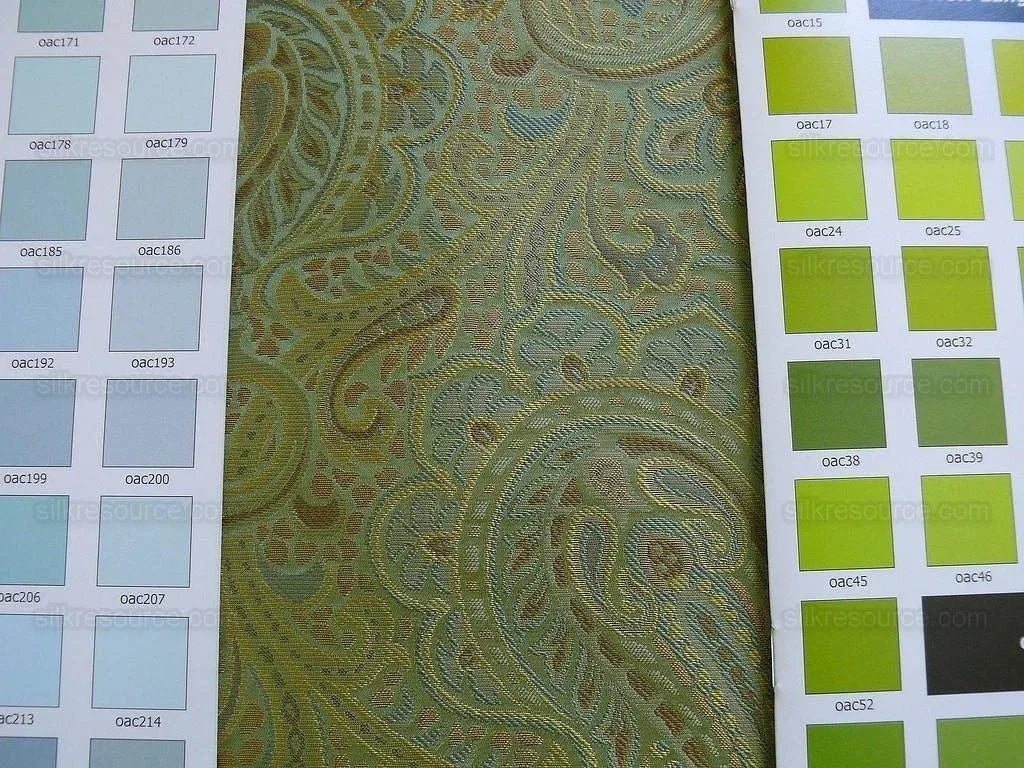 100% Silk Lampas Small Jewelled Paisley "tourmaline" Green Blue Gold