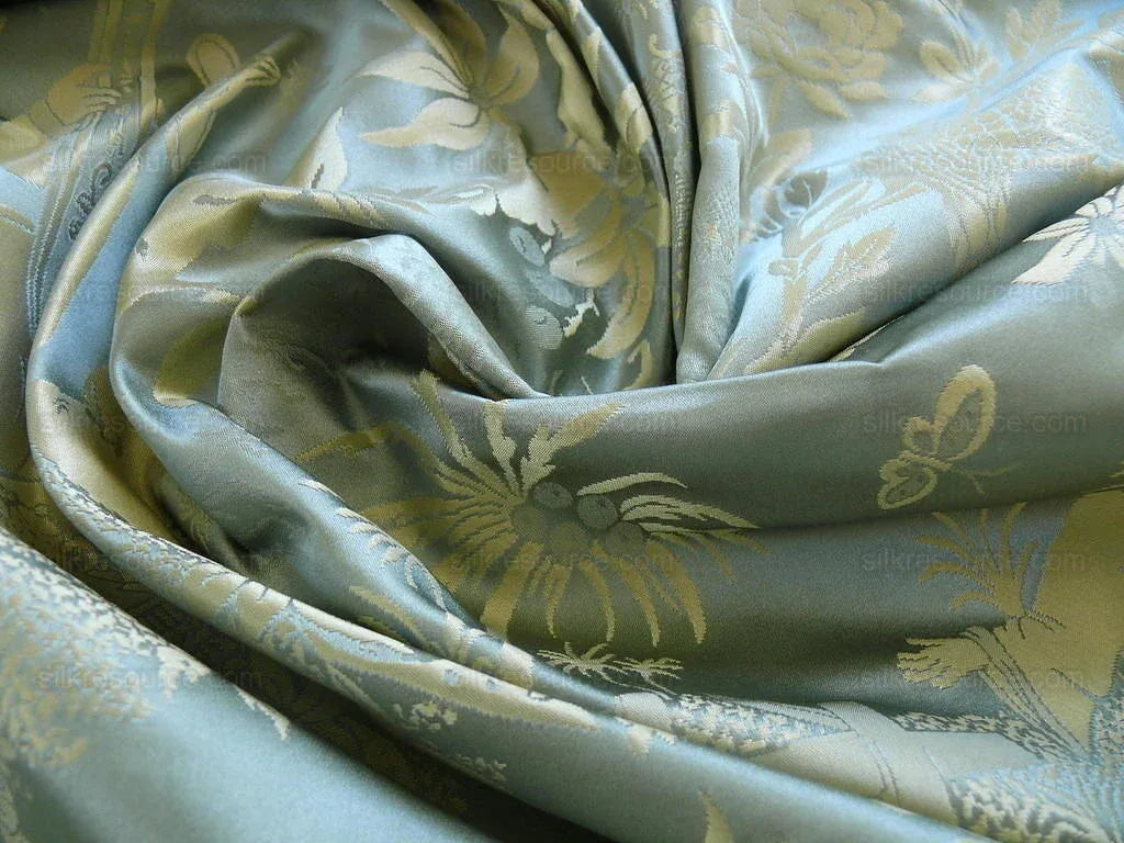 by yard 100% Silk Damask Chinoiserie Music Garden "myrtle" Turquoise Blue