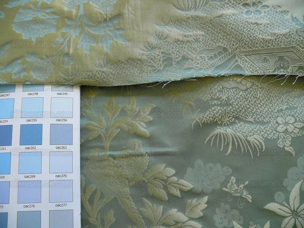 by yard 100% Silk Damask Chinoiserie Music Garden "myrtle" Turquoise Blue