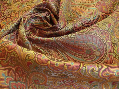 by yard 100% Silk Lampas Small Jewelled Paisley "jewel" Orange Yellow Brown Green