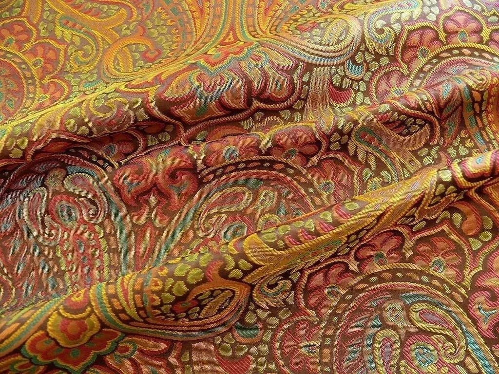 by yard 100% Silk Lampas Small Jewelled Paisley "jewel" Orange Yellow Brown Green