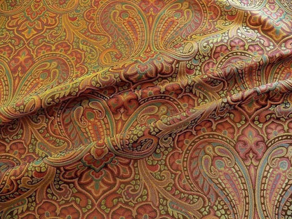 by yard 100% Silk Lampas Small Jewelled Paisley "jewel" Orange Yellow Brown Green
