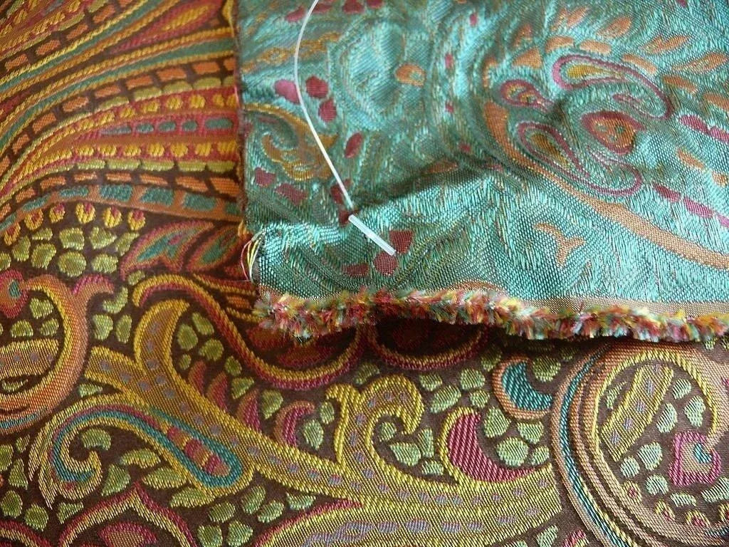 by yard 100% Silk Lampas Small Jewelled Paisley "jewel" Orange Yellow Brown Green