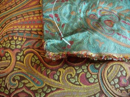 by yard 100% Silk Lampas Small Jewelled Paisley "jewel" Orange Yellow Brown Green
