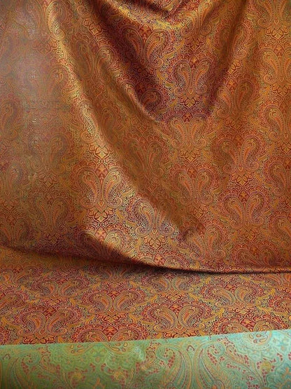by yard 100% Silk Lampas Small Jewelled Paisley "jewel" Orange Yellow Brown Green