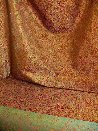 by yard 100% Silk Lampas Small Jewelled Paisley "jewel" Orange Yellow Brown Green