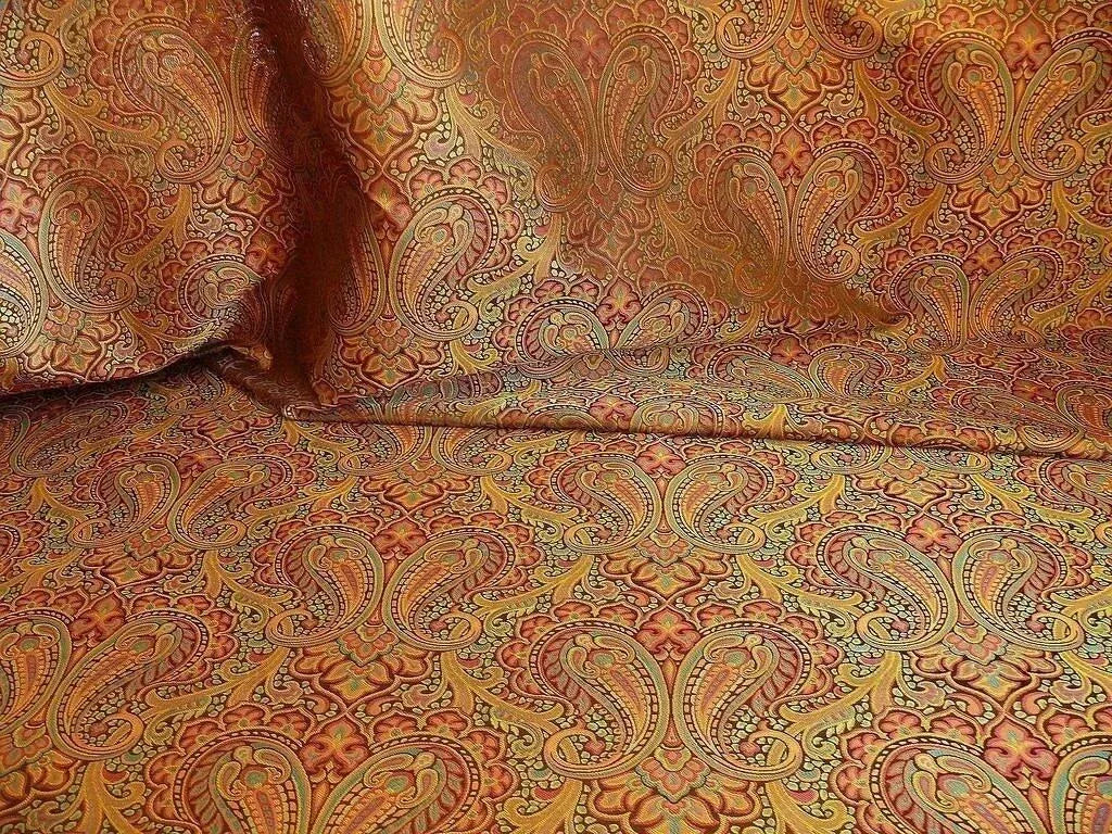 by yard 100% Silk Lampas Small Jewelled Paisley "jewel" Orange Yellow Brown Green