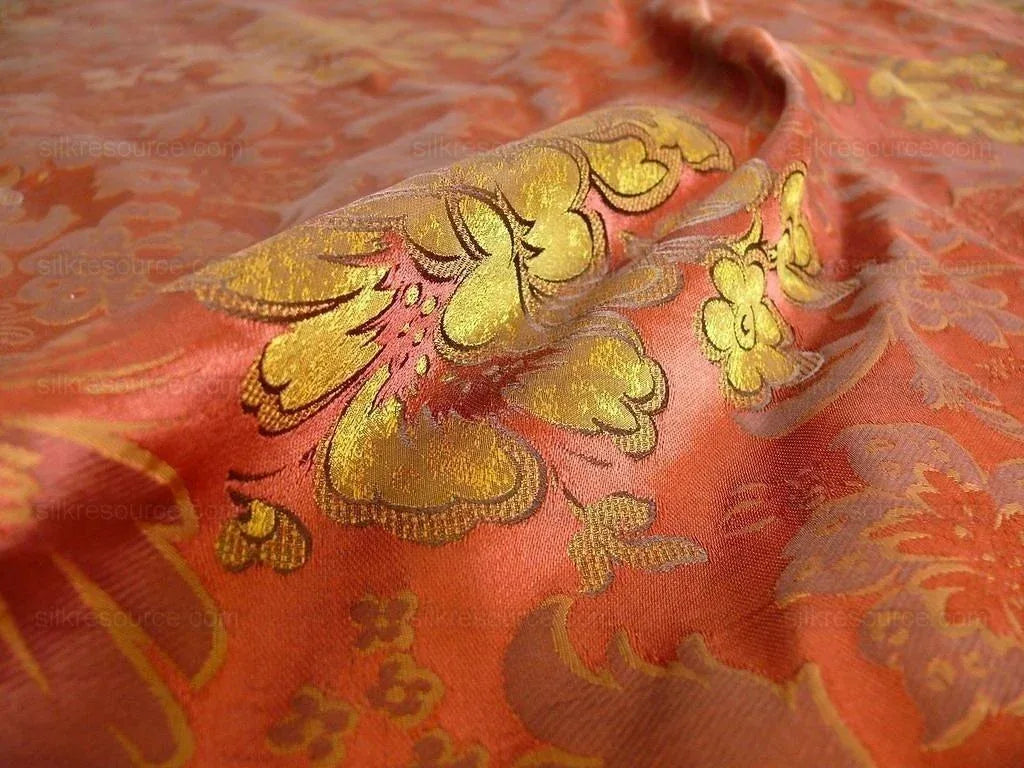 By Yd Hiend 100%silk Lampas Peony Bush "rust" Red Gold Yellow 560 Rust