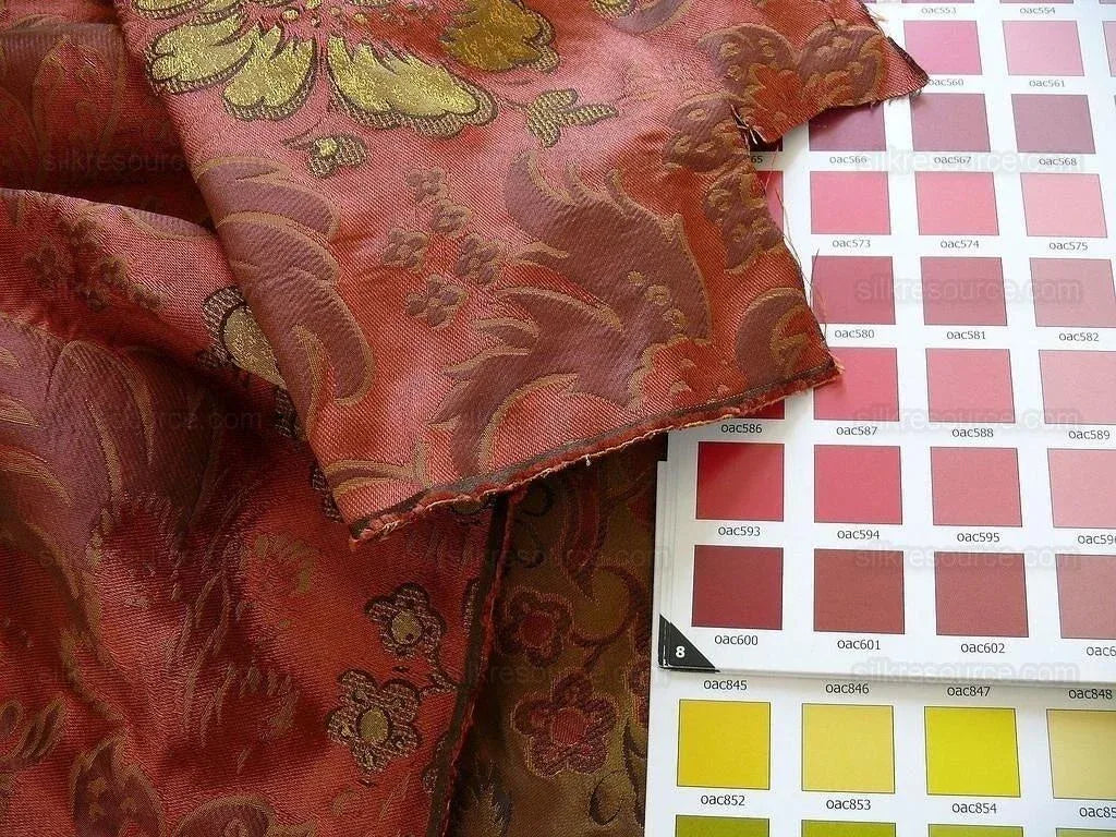 By Yd Hiend 100%silk Lampas Peony Bush "rust" Red Gold Yellow 560 Rust