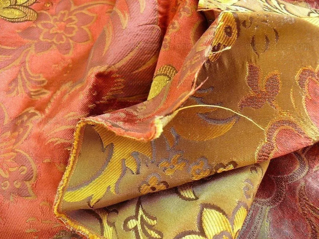 By Yd Hiend 100%silk Lampas Peony Bush "rust" Red Gold Yellow 560 Rust
