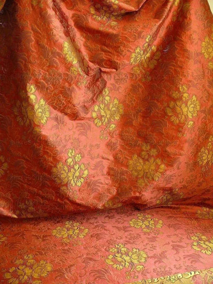 By Yd Hiend 100%silk Lampas Peony Bush "rust" Red Gold Yellow 560 Rust